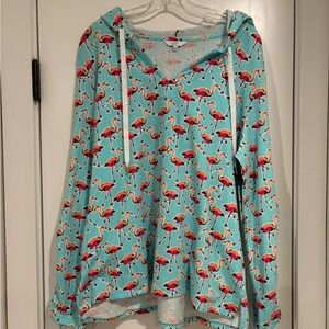 Crown & Ivy NEW Flamingo Print Pullover Top Hood Ruched Turquoise Pink Womens XL
